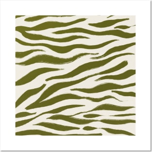 Earthy Green and Beige Zebra Tiger Animal Print Pattern Posters and Art